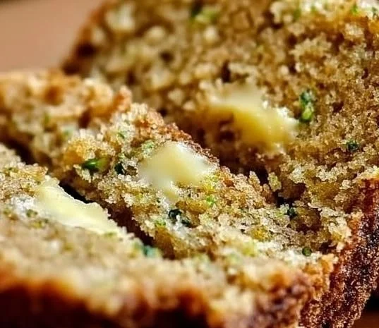 Freshly baked moist zucchini bread on a wooden table