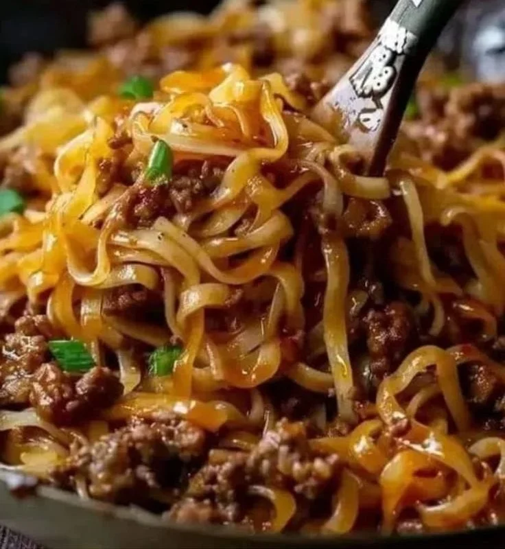 Delicious Easy Mongolian Ground Beef Noodles served in a bowl