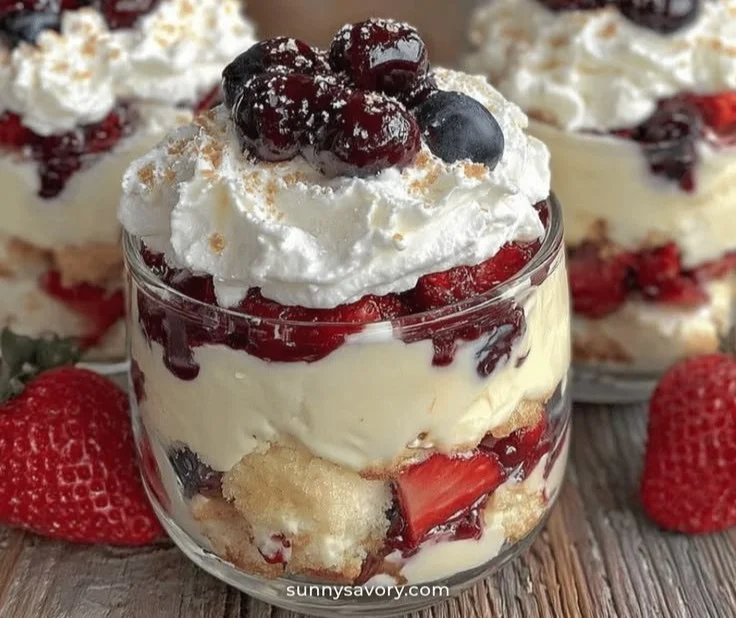 Easy no-bake patriotic strawberry cheesecake trifle cups topped with fresh strawberries