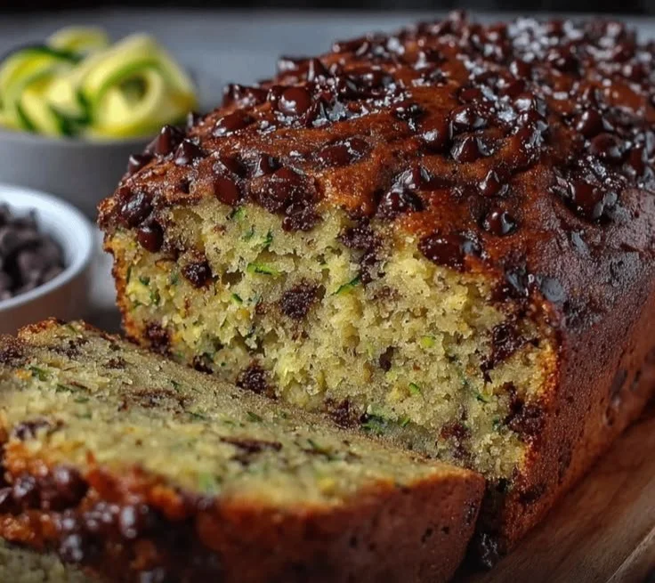 A freshly baked chocolate chip zucchini bread served on a wooden board.