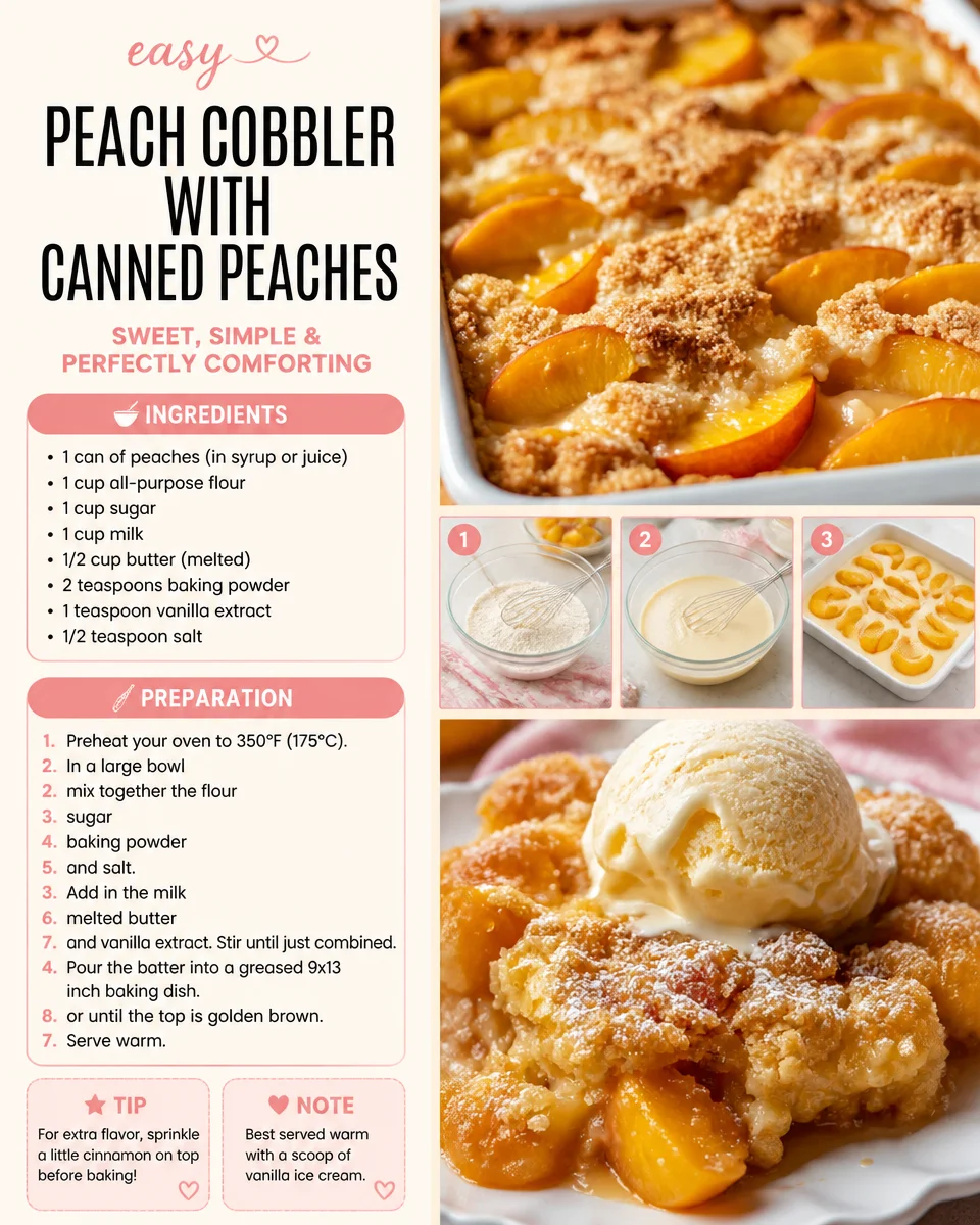Easy peach cobbler made with canned peaches, served warm with ice cream.