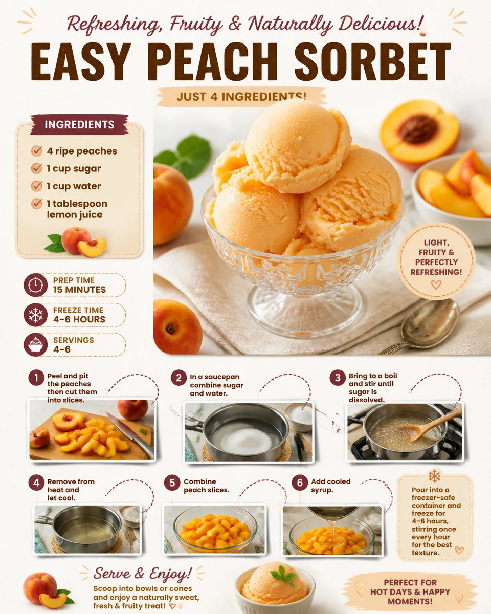 Easy homemade peach sorbet recipe with fresh peaches and a creamy texture.