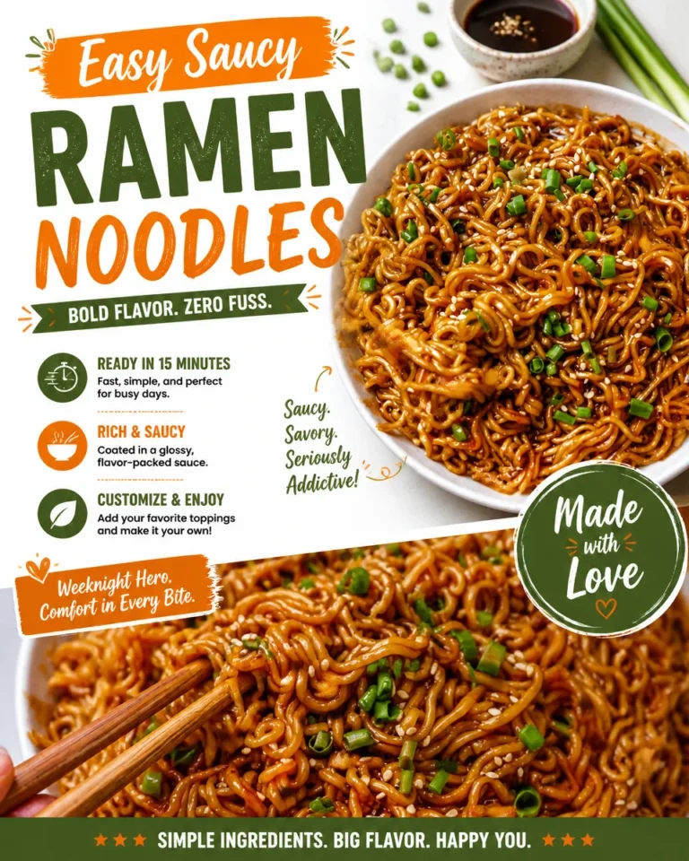 Bowl of easy saucy ramen noodles topped with green onions and chili flakes