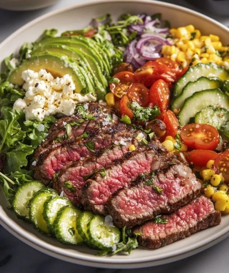 Easy Steak Cobb Salad topped with herb vinaigrette and fresh ingredients.