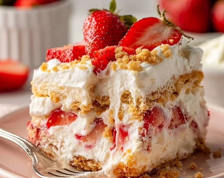 Easy strawberry cheesecake lasagna with layers of strawberries and cream cheese