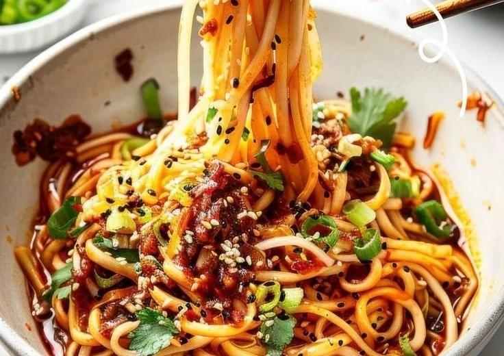 A bowl of easy Szechuan noodles garnished with green onions and peanuts.