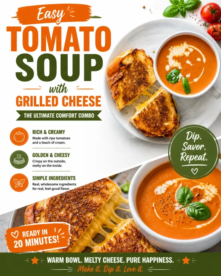 Bowl of easy tomato soup served with a grilled cheese sandwich on the side.