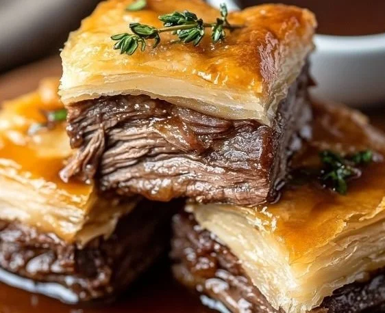 Delicious French Dip Squares served on a platter with au jus dipping sauce.
