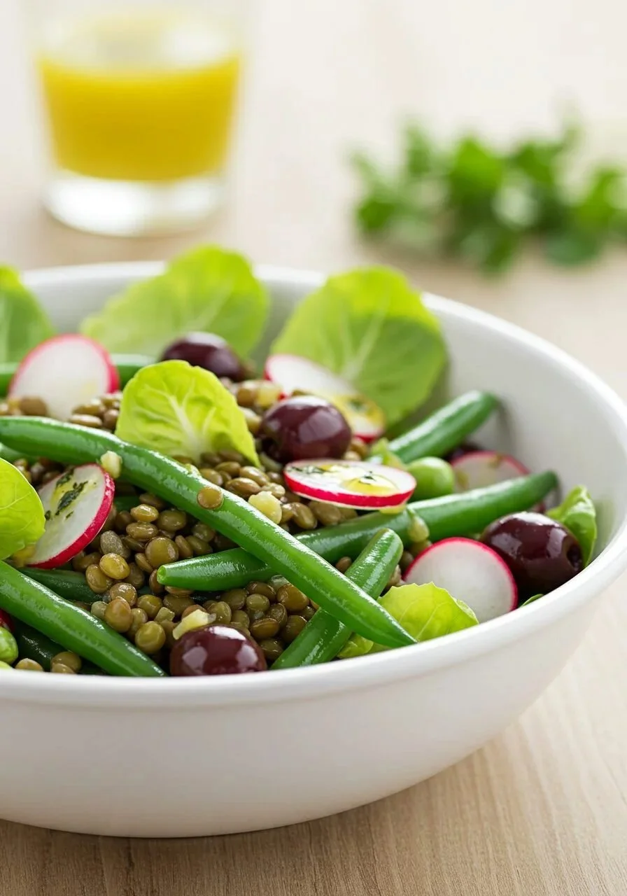 Delicious French lentil salad served in a bowl with fresh vegetables