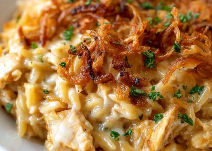 Delicious French Onion Chicken Orzo Casserole topped with melted cheese