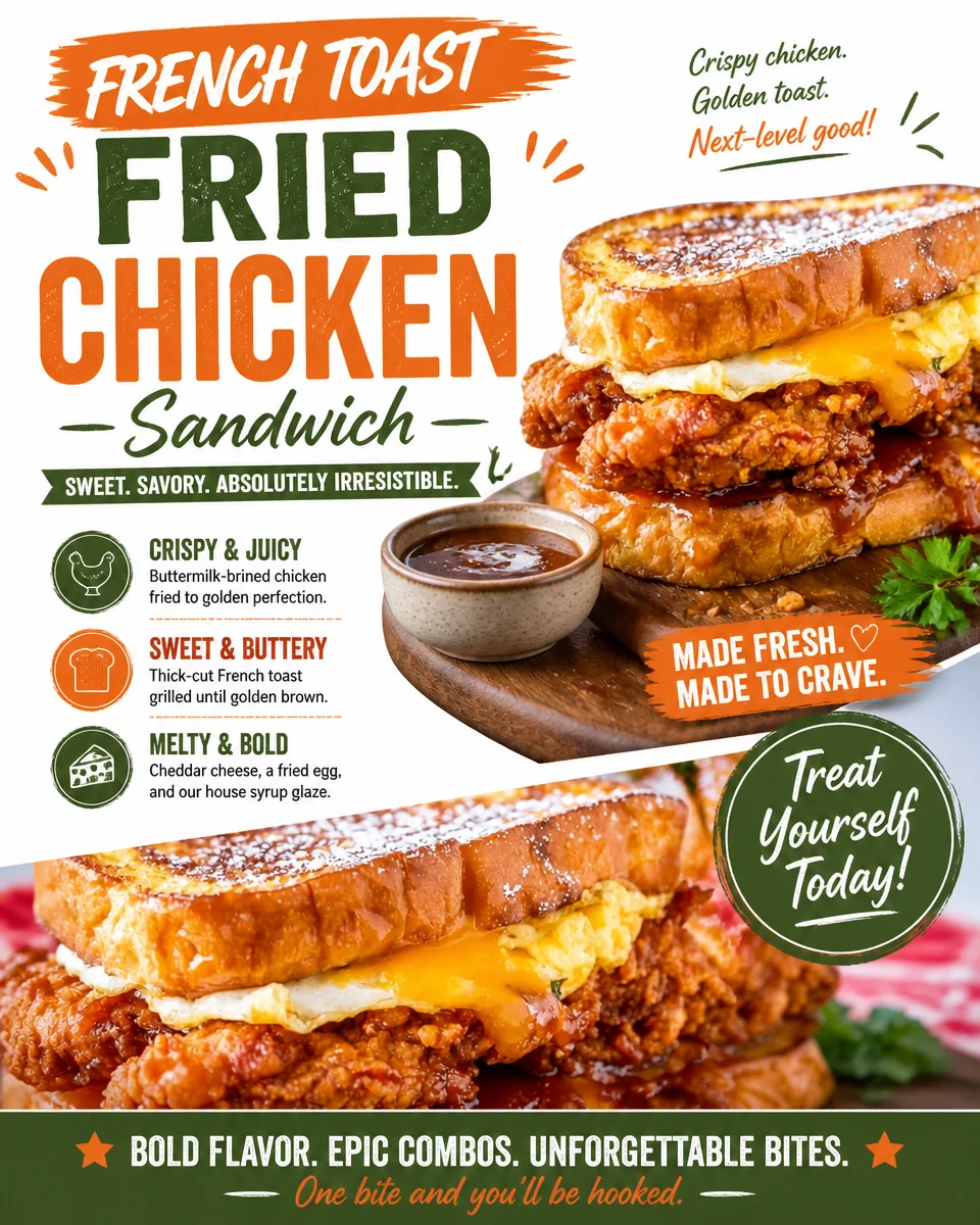 French toast fried chicken sandwich served on a plate with syrup