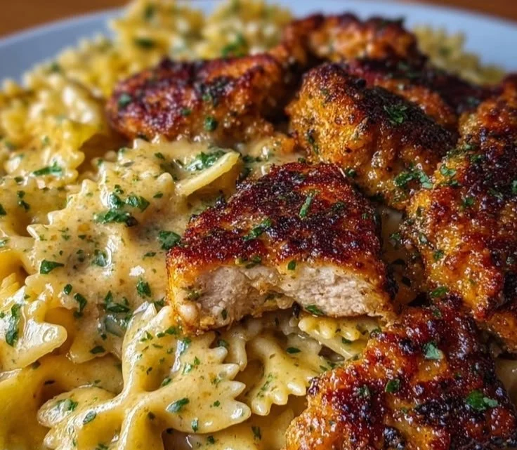 Garlic Butter Chicken served with Bowtie Pasta on a plate