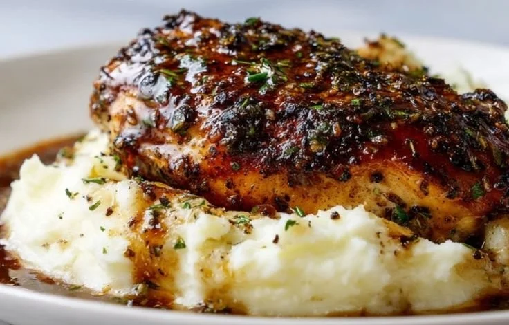 Delicious Garlic Herb Chicken garnished with fresh herbs and garlic.