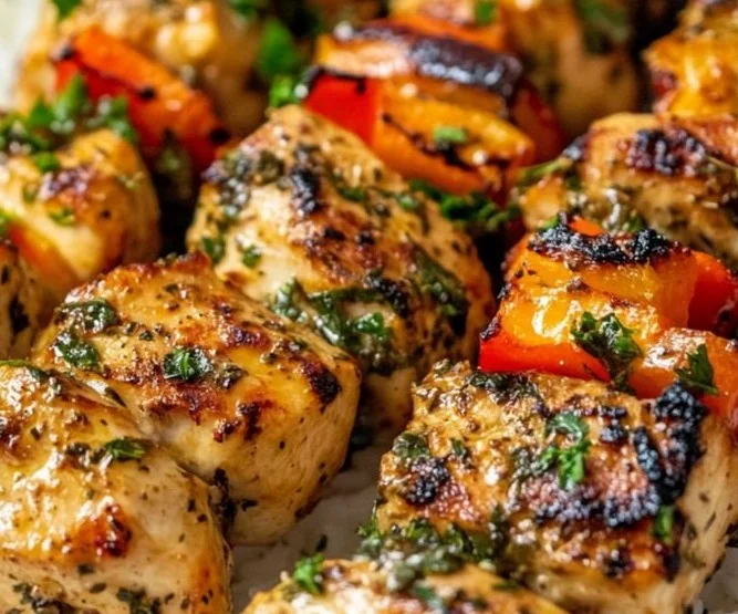 Greek marinated chicken kabobs on a grill, garnished with herbs.