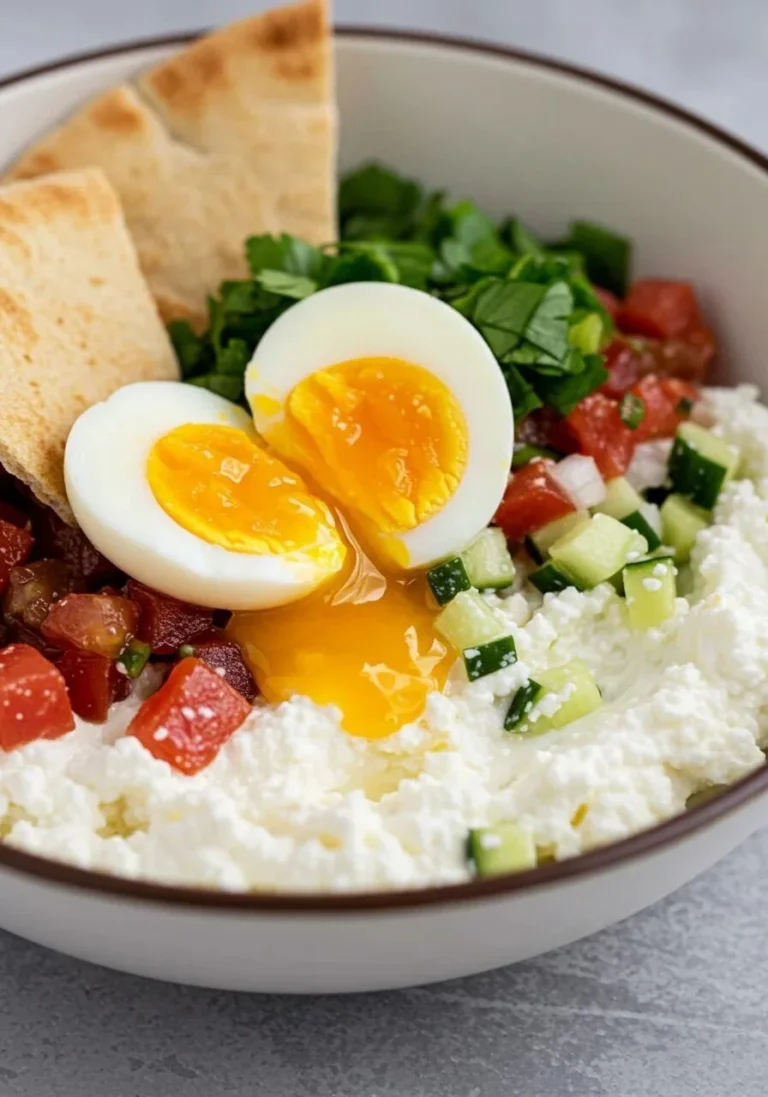 Greek salad cottage cheese bowl with colorful vegetables and fresh herbs