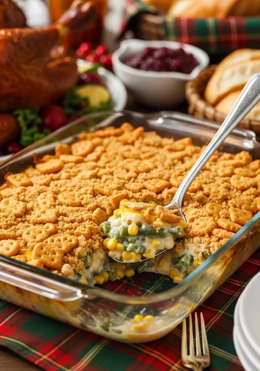 Green bean casserole topped with crunchy Ritz crackers, served in a baking dish.