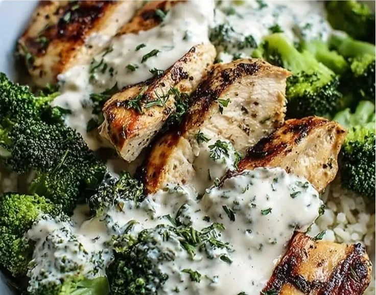 Grilled chicken and broccoli bowls topped with creamy garlic sauce