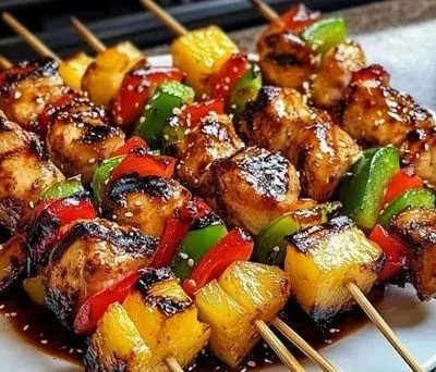 Grilled Pineapple Chicken Kabobs served on a plate with vibrant vegetables