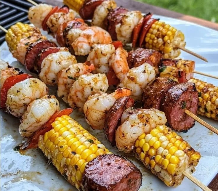 Delicious grilled seafood skewers with shrimp, fish, and vegetables on the grill