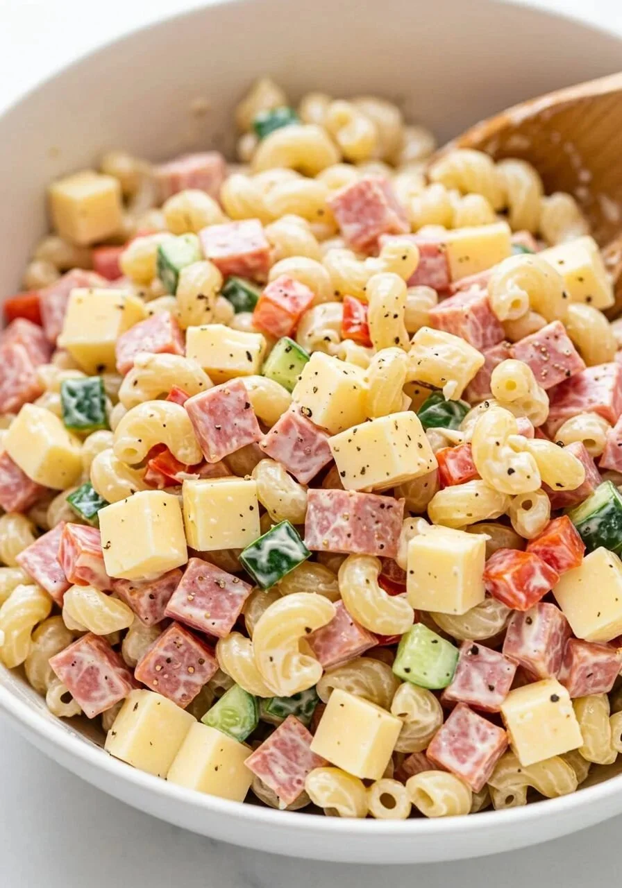 Colorful Grinder Pasta Salad with vegetables and dressing in a serving bowl