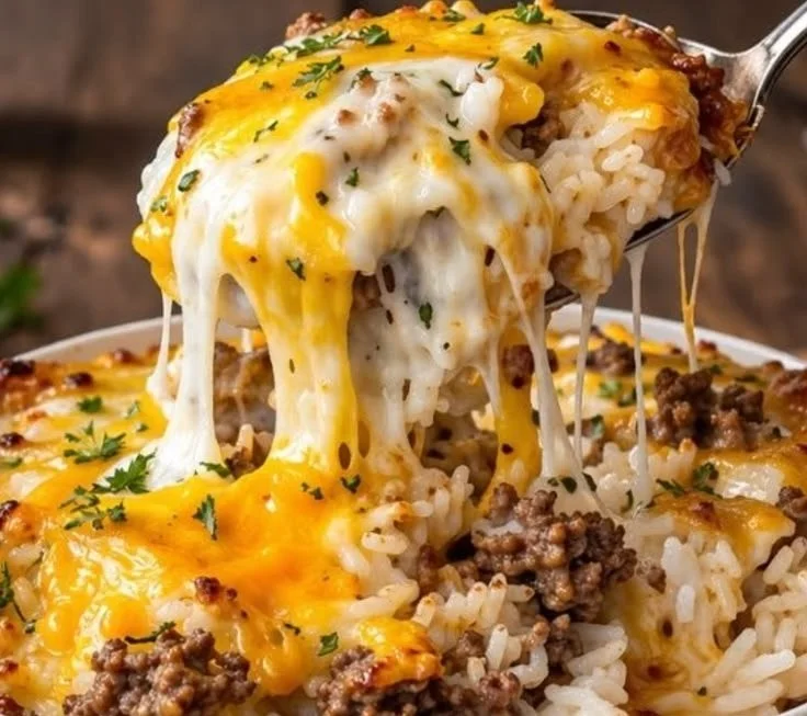 Ground beef rice casserole baked with vegetables and cheese, a hearty family meal.