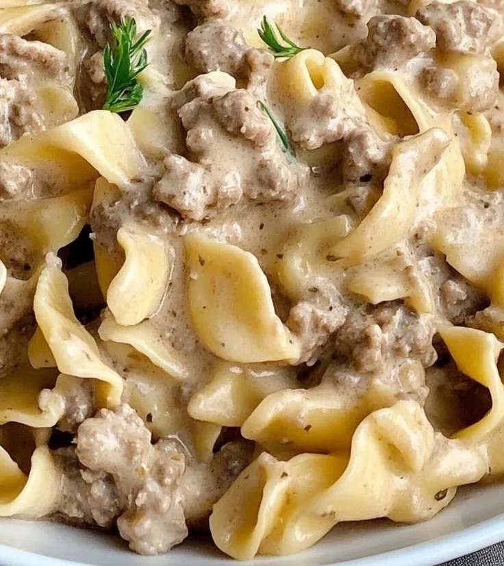 Creamy ground beef stroganoff served over noodles with mushrooms and parsley.
