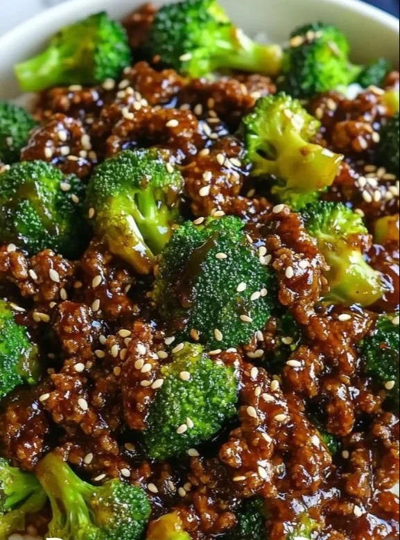 Delicious dish of hamburger meat and broccoli on a plate