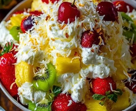 A vibrant Hawaiian Cheesecake Salad topped with fresh fruits and whipped cream.