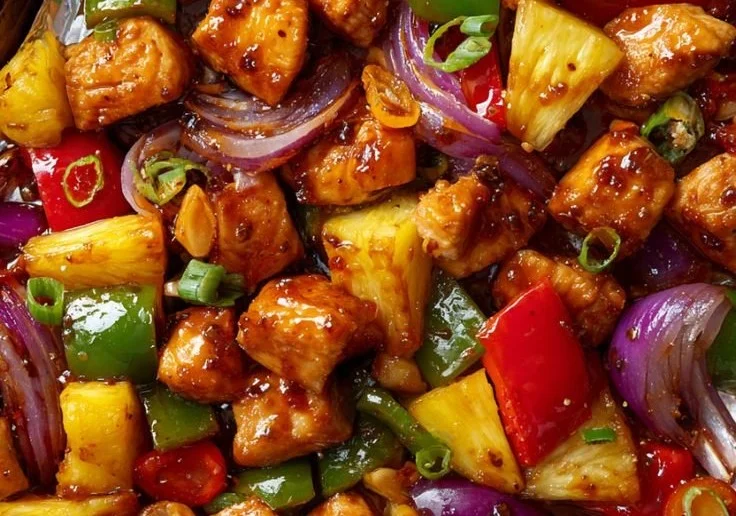 Delicious Hawaiian Chicken Sheet Pan recipe with colorful vegetables.