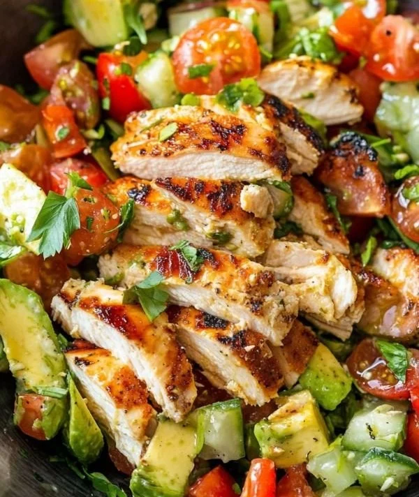 Healthy avocado chicken salad with fresh ingredients and flavors