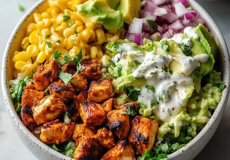 Healthy chicken taco bowls with fresh vegetables and toppings for a nutritious meal