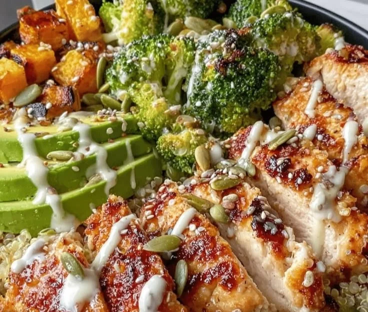 Healthy grilled chicken power bowl with quinoa and assorted vegetables