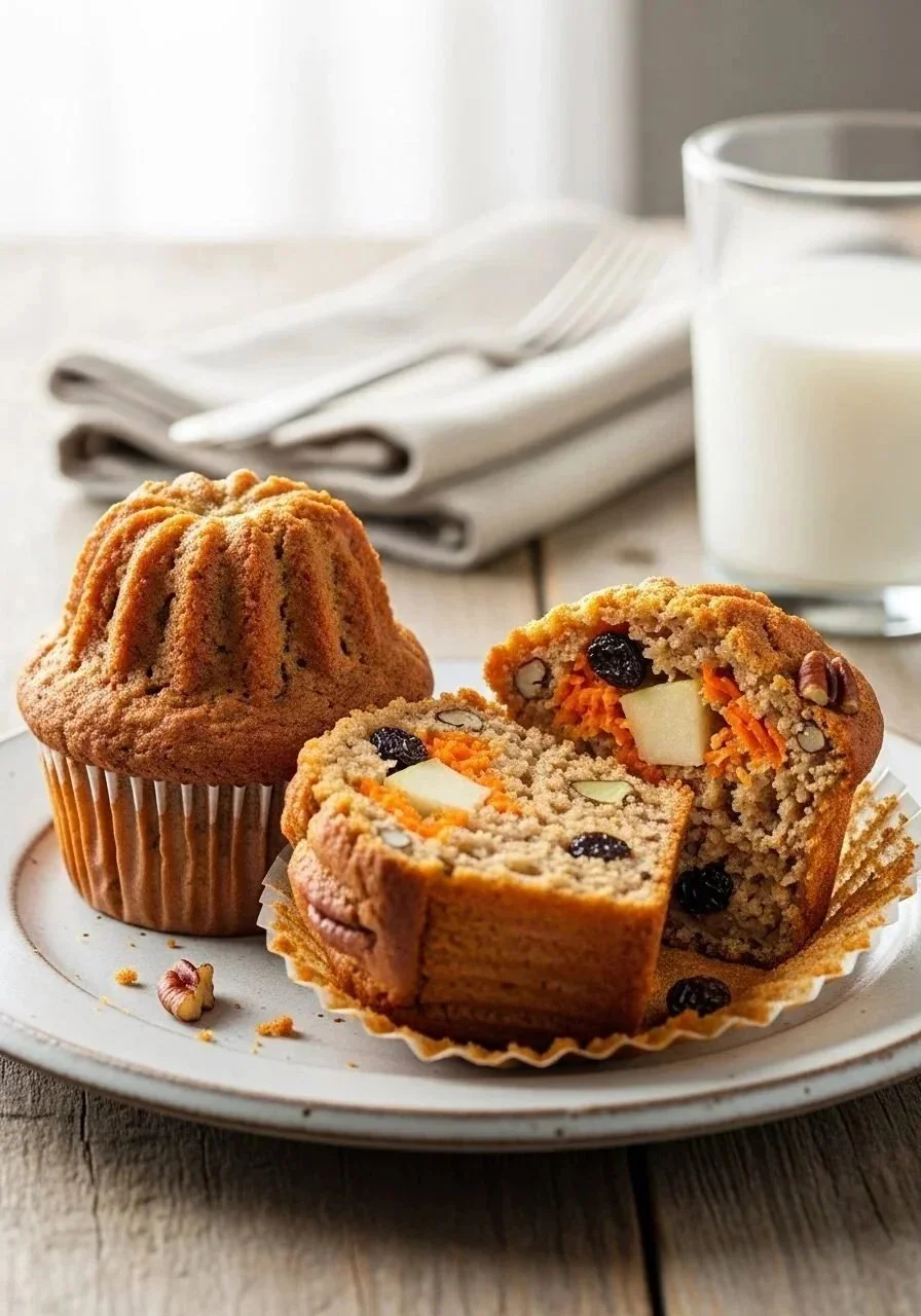Healthy morning glory muffins with fruits and nuts on a wooden table