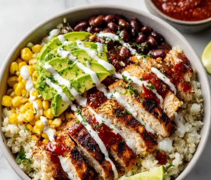 Delicious hearty burrito bowl with colorful ingredients