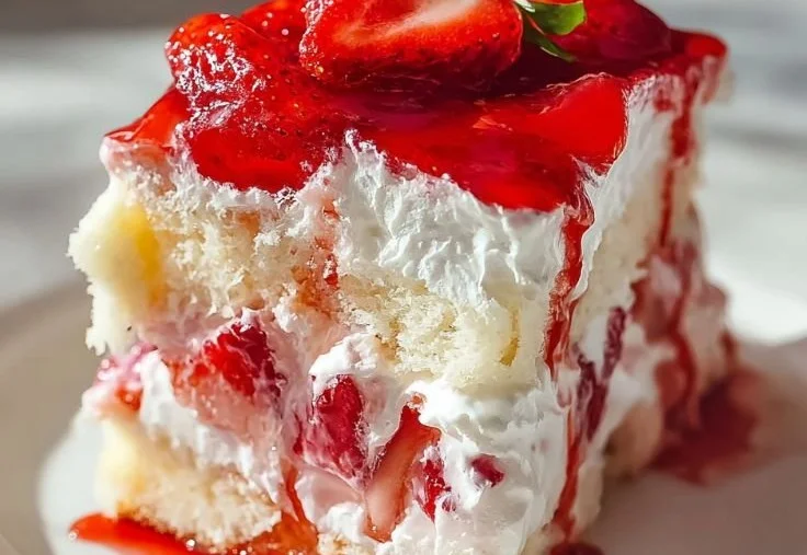 A slice of Heaven on Earth Cake featuring layers of cream and fruit in a beautiful presentation.