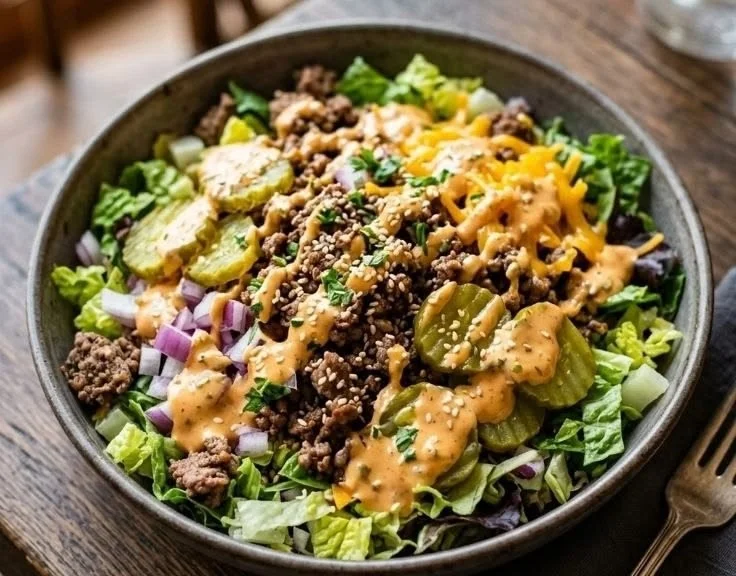 High Protein Big Mac Bowls topped with fresh ingredients and packed with flavor