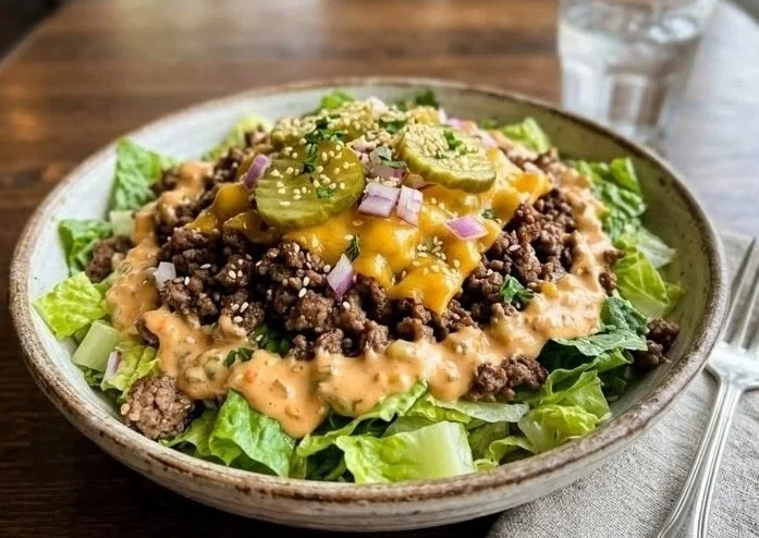 High Protein Big Mac Bowls featuring fresh ingredients and a savory sauce.