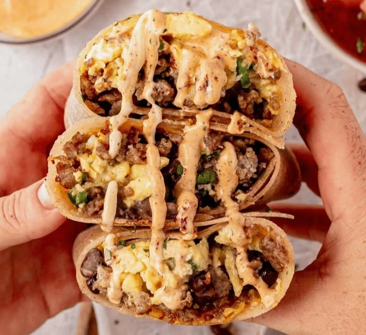 High-protein breakfast burrito filled with eggs, beans, and veggies.