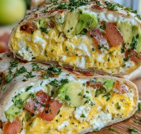 High-protein breakfast wrap with cottage cheese and avocado on a plate
