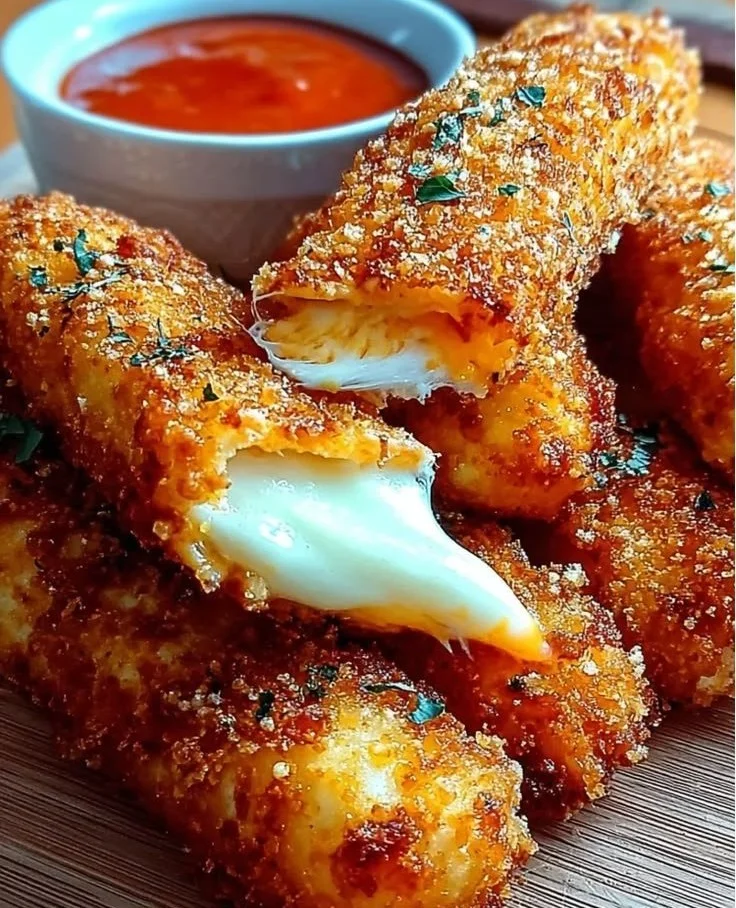 High protein buffalo chicken mozzarella sticks served on a plate