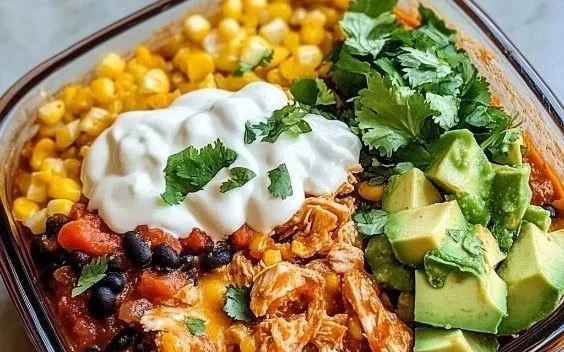 High-protein chicken enchilada bowls recipe with colorful toppings and ingredients