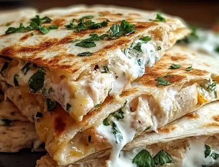 High-protein chicken ranch quesadilla recipe with melted cheese and ranch dressing