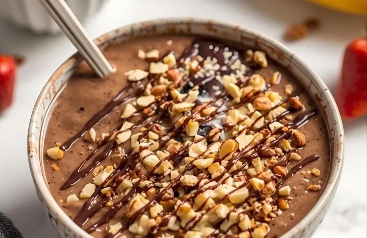 High protein chocolate smoothie bowl topped with fruits and nuts