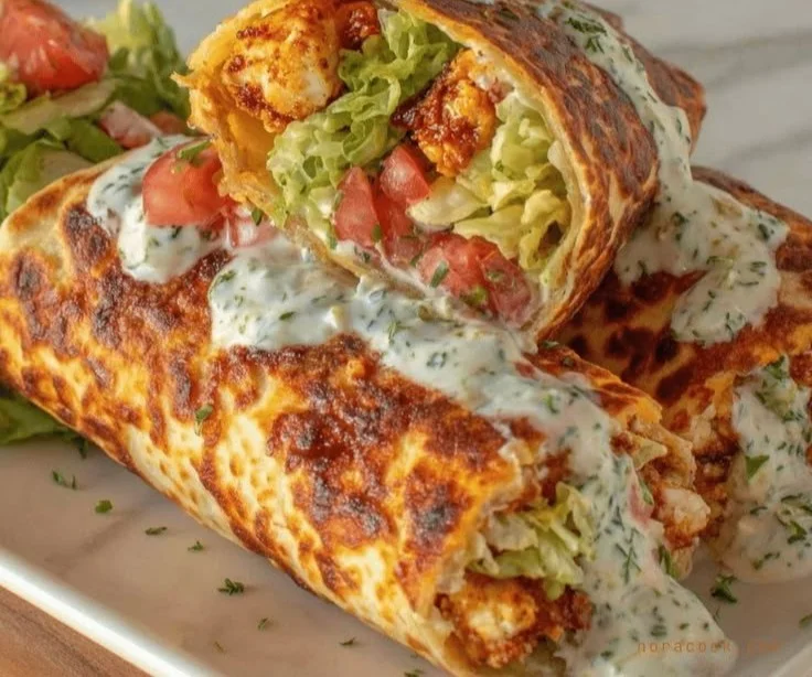 High-protein cottage cheese flatbread chicken wraps on a wooden table