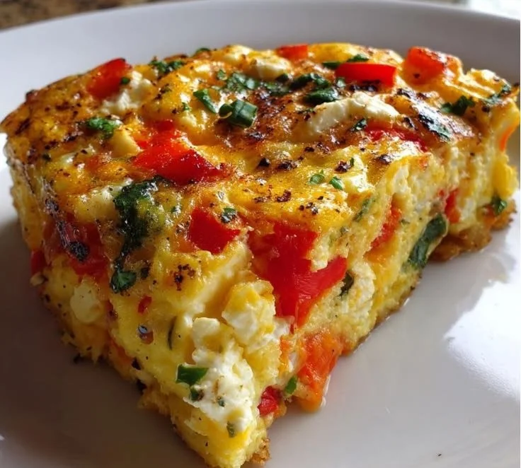 High protein egg bake breakfast dish with veggies and herbs.