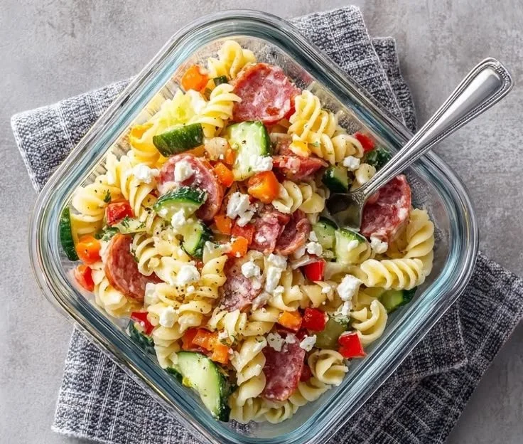 High-protein Italian pasta salad with colorful vegetables and flavorful dressing