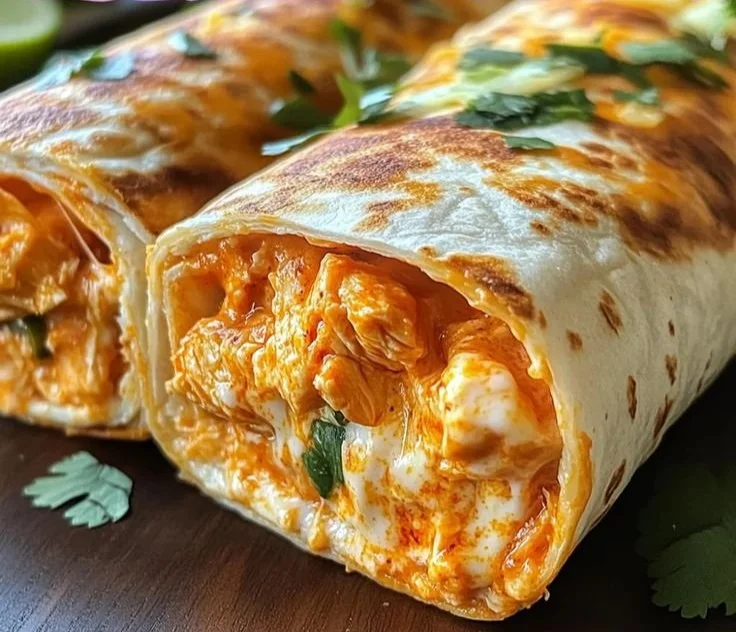 High protein low calorie cheesy buffalo chicken burritos on a plate