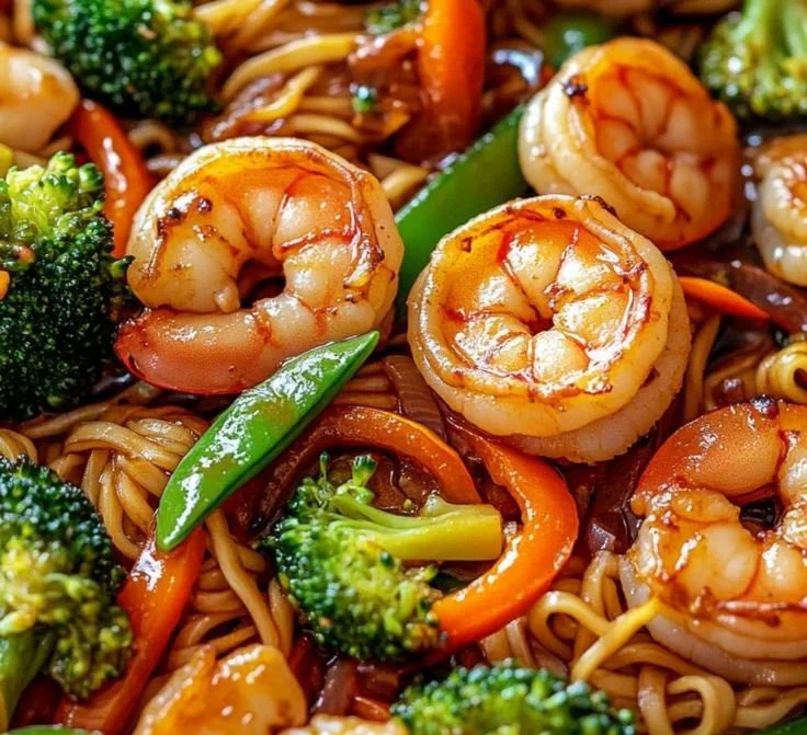 High-protein shrimp stir fry in a colorful vegetable mix