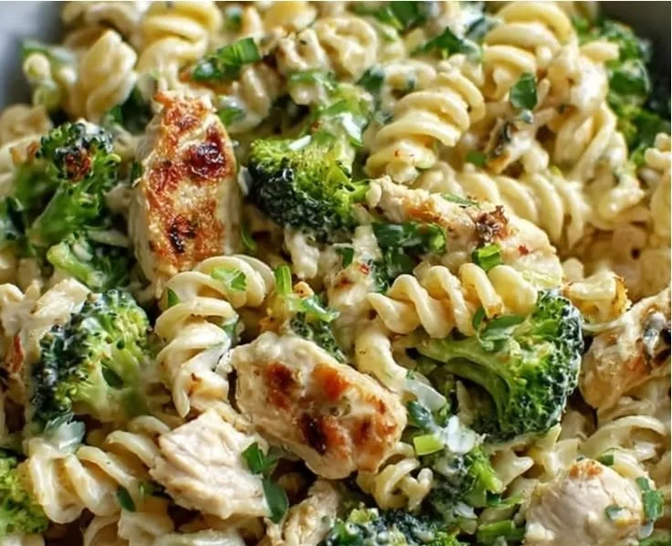 High Protein Rotisserie Chicken Pasta with fresh vegetables and creamy sauce
