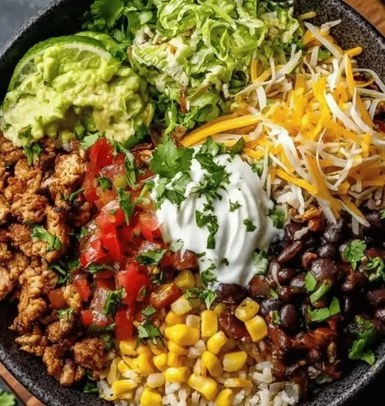 High protein taco bowl with fresh ingredients and colorful toppings